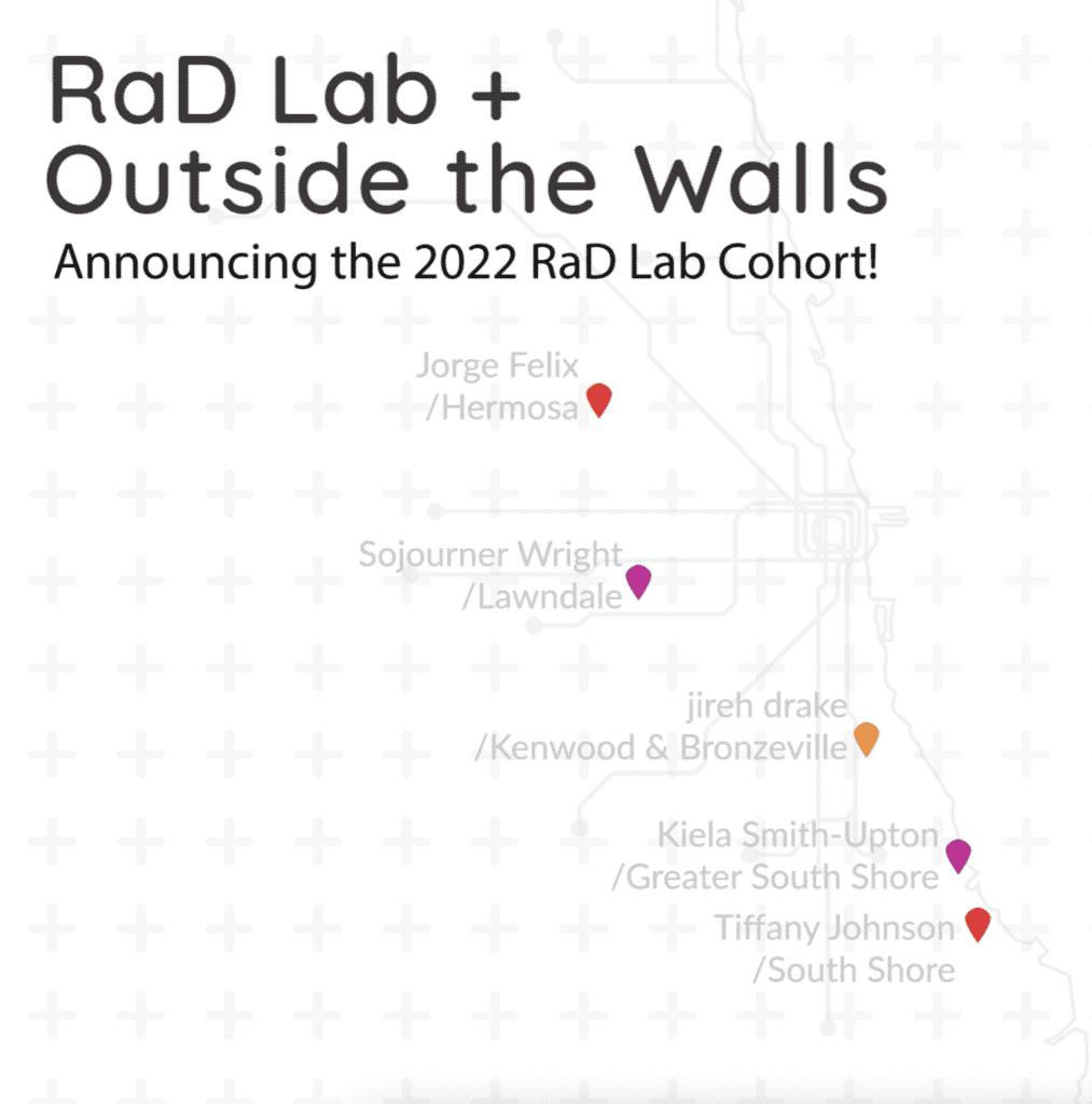 Threewalls just announced five African descent, Latinx, Asian, Arab, Native American (ALAANA) artists for its two-year RaD Lab+Outside the Walls fellowship: jireh drake, Jorge Felix, Tiffany Johnson, Kiela Smith-Upton, and Sojourner Wright.