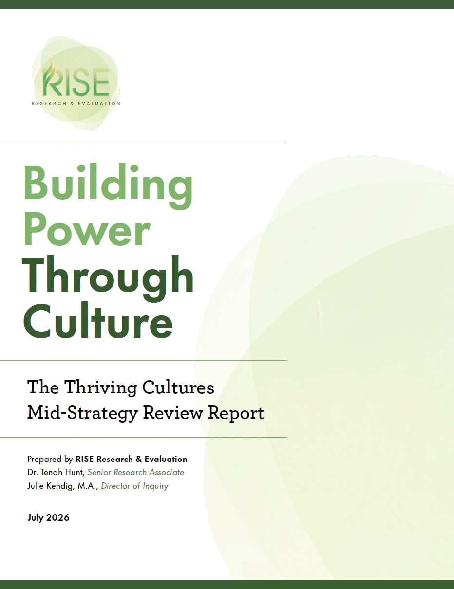 White page with light green circles that reads: Building Power Through Culture Mid-Strategy Report.